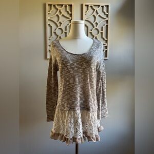 Entro Textured Beige Knit Top with Lace Hem